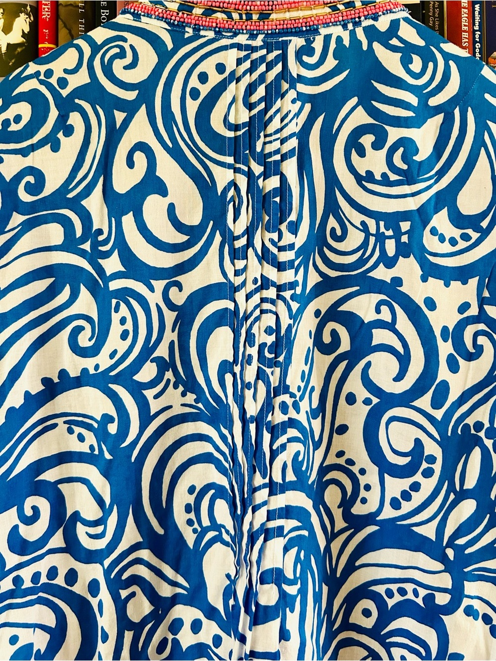 Lily Pulitzer Sarasota Blue White Embellished Coral Beaded Tunic Top, size L - Picture 11 of 12